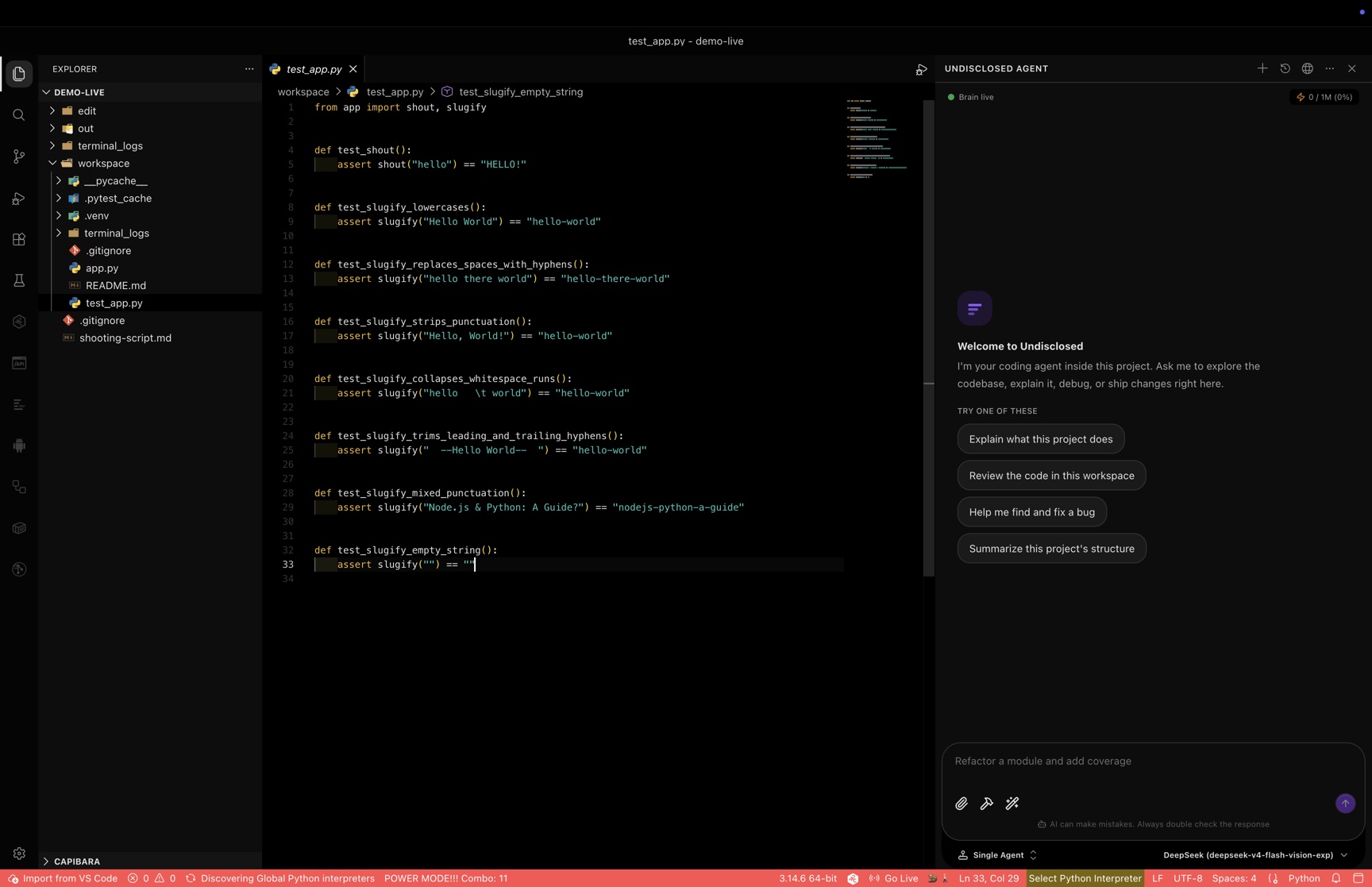 The Undisclosed editor: a file tree on the left, a Python test file open in the middle, the agent panel docked on the right, and a terminal below.